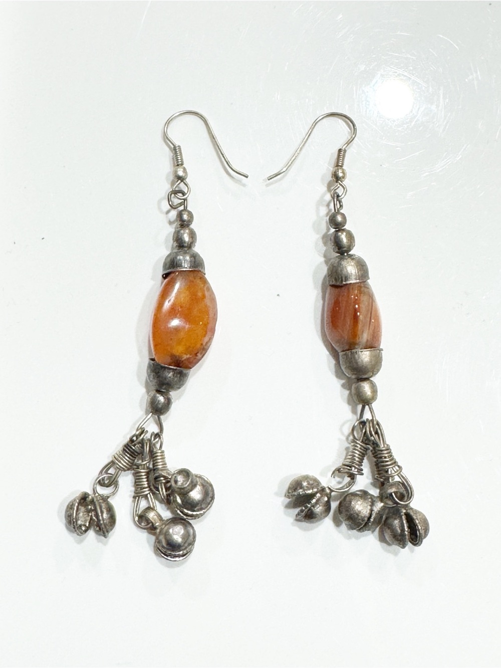Vintage Handcrafted Silver-tone Carnelian Stones Orange Dangling Fringe Earrings